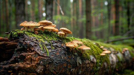 Obraz premium A detailed shot of a fallen log in a forest, with mushrooms and moss growing on its surface, adding to the rustic atmosphere