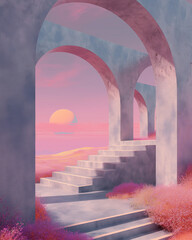 Surreal stone arches and stairs at sunset