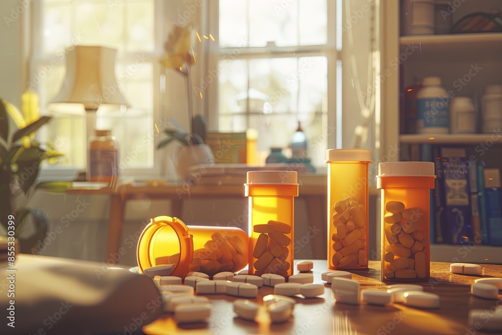 Aufkleber close-up photo of open prescription pill bottles and scattered pills on a table, with a hint of a ho