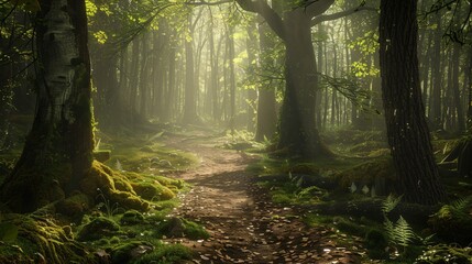 Fototapeta premium A rustic pathway winding through a dense forest, with tree trunks covered in moss and sunlight filtering through the leaves