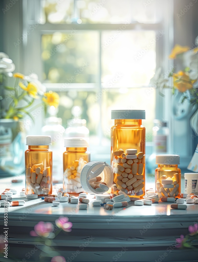 Fototapete multiple prescription pill bottles with their caps open, revealing pills inside and scattered around