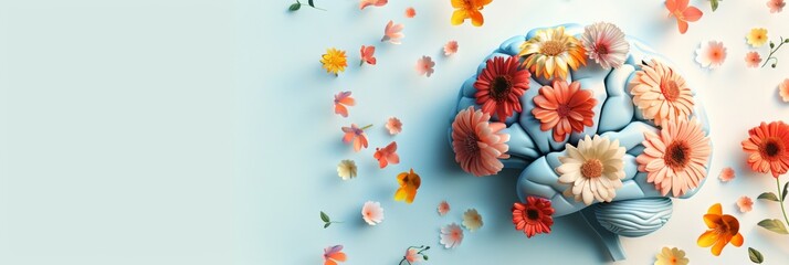 Horizontal banner. World Brain Day. Human brain with colorful flowers on a blue background. Mental health concept. Self care. Free space for text, copy space