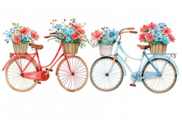 A set of watercolor bicycles with flowers on a white background, bike art, drawn by hand