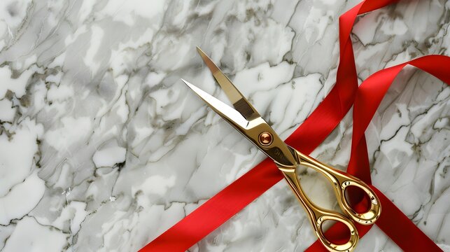 Grand opening, ribbon cut, Gold scissors cutting red satin ribbon isolated on white background. Inaugural invitation, business launch concept, copy space