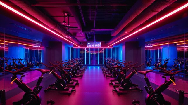 An indoor cycling studio illuminated with bright neon lights, showcasing rows of stationary bikes set up for a group workout.