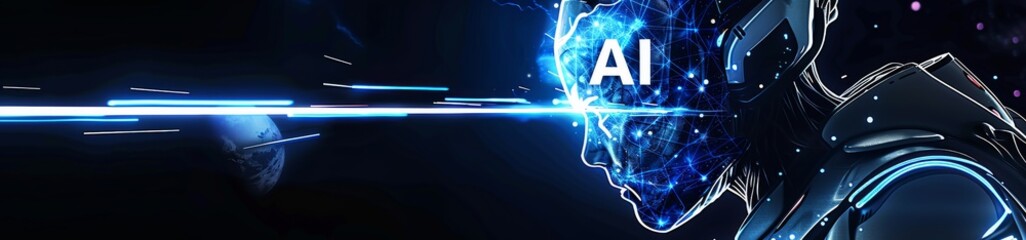 Abstract futuristic AI concept with digital human face and glowing elements in space