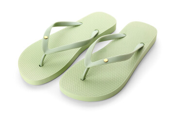 Green female flip flops on white background