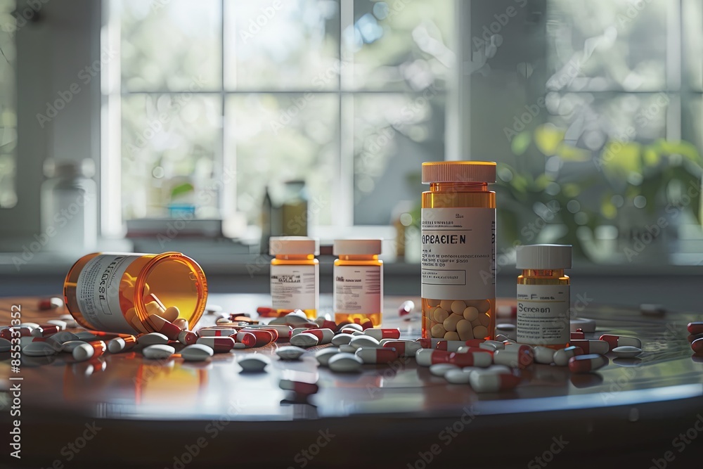 Aufkleber a close-up shot of open prescription pill bottles with various pills scattered around on a table. ge
