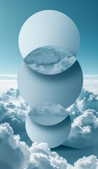 Abstract sky blue artwork with geometric shapes over clouds. Modern art concept.