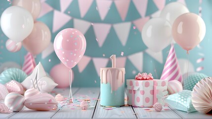 Happy 1th birthday gold surprise balloon and box. 3D Rendering