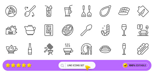 Lounge, Calories and Prohibit food line icons for web app. Pack of Candy, Pumpkin seed, Wine glass pictogram icons. Food delivery, Dishes, Pecan nut signs. Doppio, Coffee vending, Coffee cup. Vector