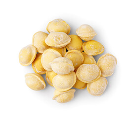 Yellow raw dumplings on white background