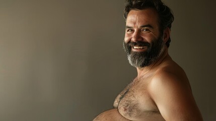 Fototapeta premium Bearded Pregnant Man Smiling in Studio. Confident bearded man proudly displaying his pregnancy, smiling warmly in a studio setting with a neutral background. Banner with copy space