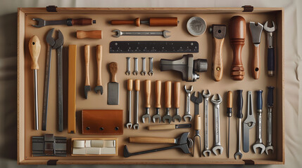 A table with many tools on it, including a hammer, a pair of pliers