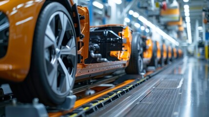 Fototapeta premium Orange Car on Modern Assembly Line. A bright orange car being assembled on a modern automotive assembly line, highlighting industrial production and technology.