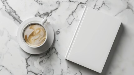 Coffee cup with latte art beside a blank white book on a marble surface, perfect for relaxation and reading concepts.