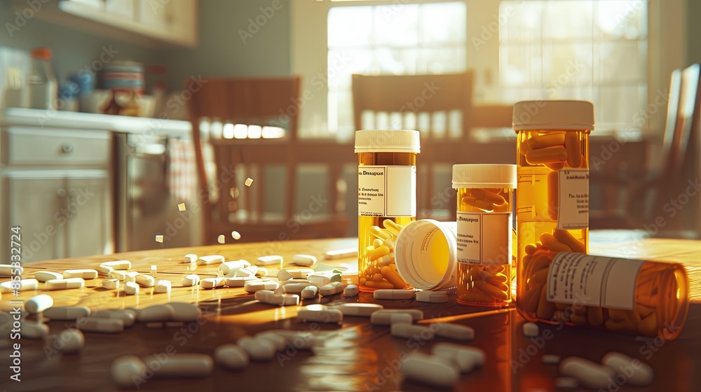 Aufkleber an image of multiple prescription pill bottles with their caps open, and various pills scattered aro