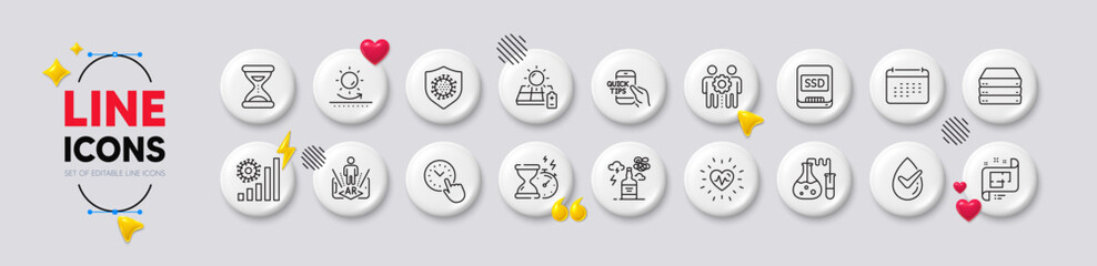 Architectural plan, Alcohol addiction and Dermatologically tested line icons. White buttons 3d icons. Pack of Coronavirus, Time, Hourglass timer icon. Vector