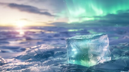 Stunning ice cube under the enchanting Northern Lights with a beautiful sunrise, showcasing nature's winter wonder and beauty.