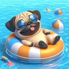 cute pug dog chill on swimming floaty cartoon , 3d Generative AI