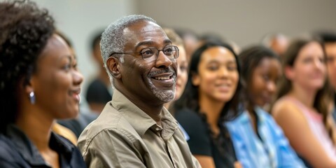 Obraz premium Diverse group of people attending a seminar, smiling and paying attention to the speaker.
