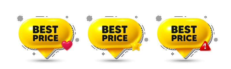 Chat speech bubble 3d icons. Best Price tag. Special offer Sale sign. Advertising Discounts symbol. Best price chat offer. Speech bubble banners. Text box balloon. Vector