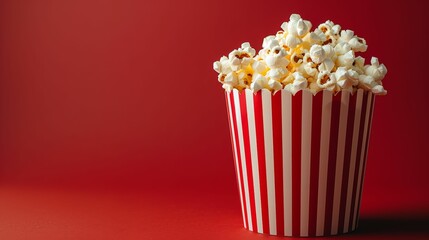 AI generated illustration of a red and white striped popcorn container with popcorn