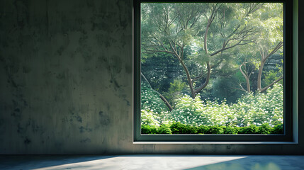 A window with a view of trees and a green plant in front of it