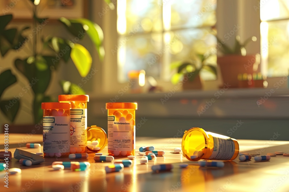 Leinwandbilder a close-up view of a table with multiple prescription pill bottles, some with their lids open, and v