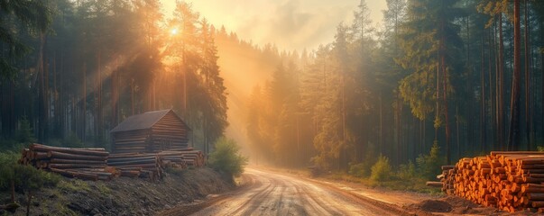 Obraz premium A serene forest scene with a log cabin beside a dirt road, illuminated by a soft, warm sunrise
