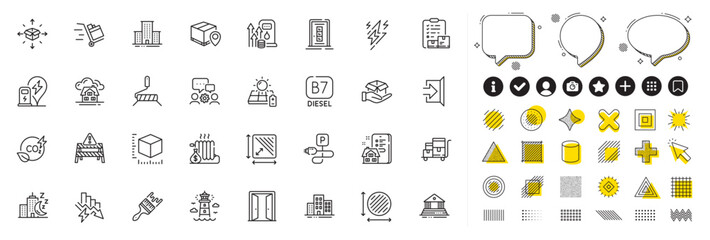 Set of Property agency, Saving electricity and Co2 gas line icons for web app. Design elements, Social media icons. Night city, Circle area, Parcel tracking icons. Vector
