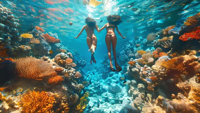 A diver in a diving suit swims underwater with fish and corals