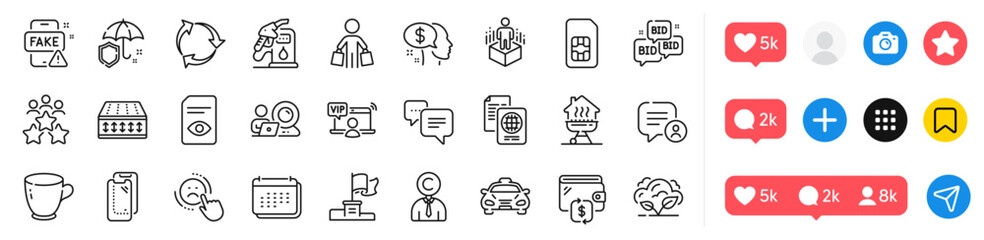 Recycle, Umbrella and Pay line icons pack. Social media icons. Video conference, Dots message, Tea cup web icon. Bid offer, Winner flag, Augmented reality pictogram. Vector