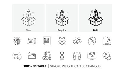 Software bug, Recovery laptop and Paint brush line icons. Pack of Startup, User, Employees messenger icon. Shoulder strap, Piano, Fake news pictogram. Chemistry lab, Pie chart, Creativity. Vector