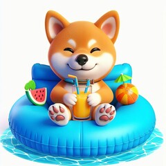 cute shiba inu dog chill on swimming on pool floaty with juice cartoon , 3d Generative AI