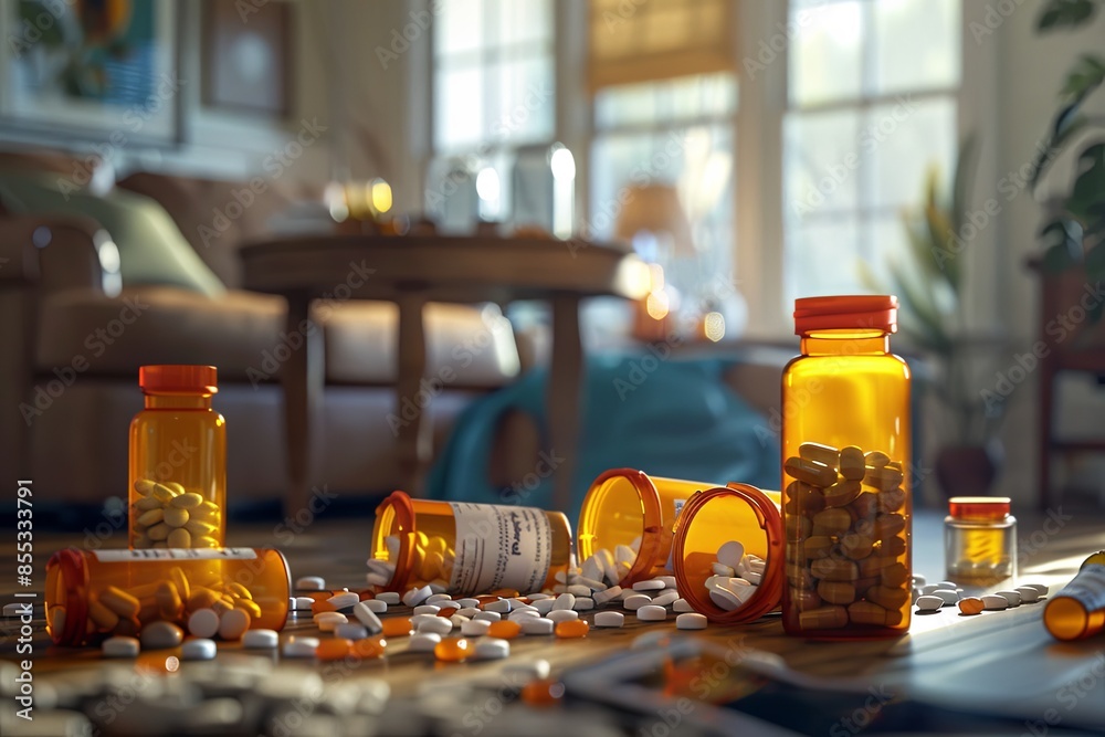 Leinwandbilder an image of multiple prescription pill bottles with their caps open and various pills scattered arou