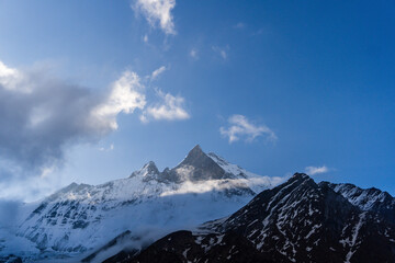 Stunning View of Machapuchare Mountain in the Himalayas, The Sacred Mountain of Nepal
