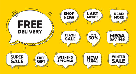 Fototapeta premium Offer speech bubble icons. Free delivery tag. Shipping and cargo service message. Business order icon. Free delivery chat offer. Speech bubble discount banner. Text box balloon. Vector