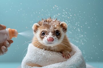 A ferret getting sprayed with water