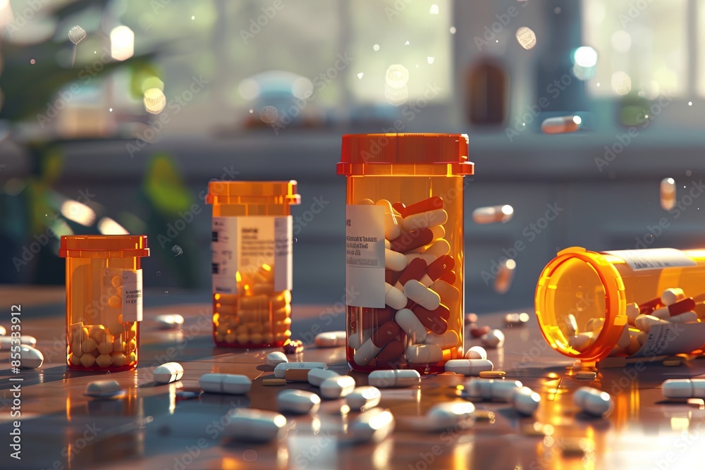 Aufkleber a close-up image of multiple open prescription pill bottles with pills scattered on a table. the sce