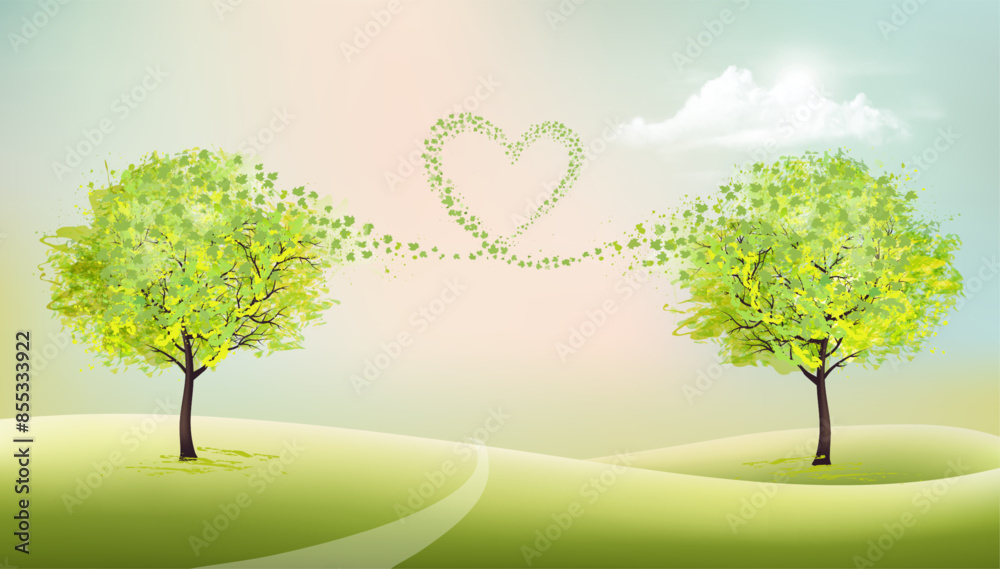 Poster summer natural background with green trees and leaves collected in the shape of a heart. vector