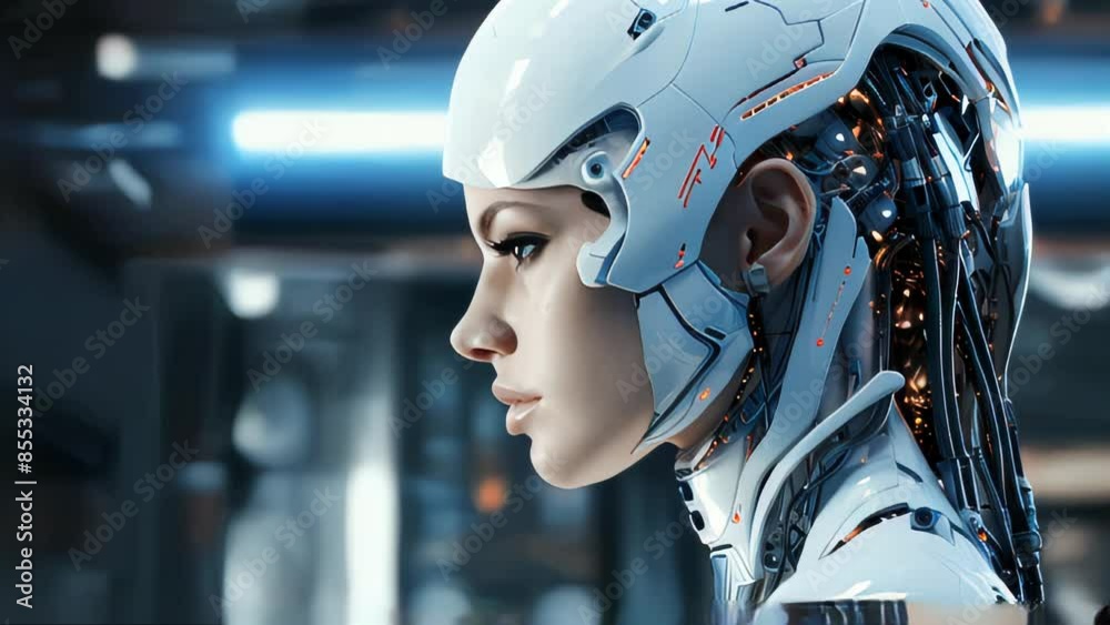Poster connection of human woman and artificial intelligence robot. the concept of merging a person and a c