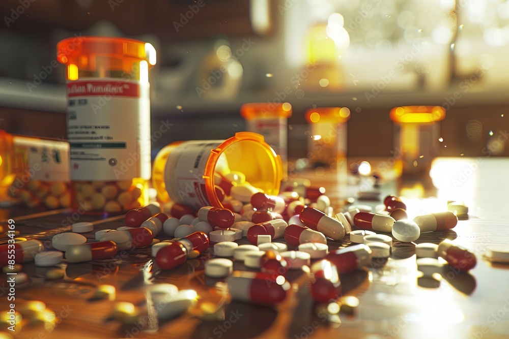 Fototapete An image of various pills scattered on a table, with multiple prescription pill bottles lying around with their caps open. Generative AI