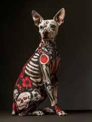 A Xoloitzcuintli dog wearing a Calavera costume with a skull decoration