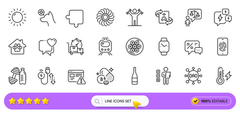 Pet shelter, Electricity power and Fan engine line icons for web app. Pack of Fast delivery, Charging cable, Sunny weather pictogram icons. Puzzle, Smartwatch, Dumbbells workout signs. Vector