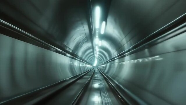 A high-speed rail tunnel with illuminating lights creates a futuristic ambiance. Captured using long exposure, this image showcases motion blur and perspective. The scene is set at night, evoking a