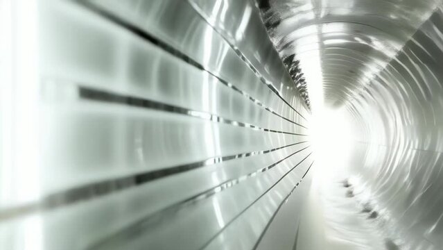 A detailed close-up view of a shiny metal ventilation duct reflecting light. The image captures the intricate textures and curves of the duct's interior, suggesting an industrial setting.