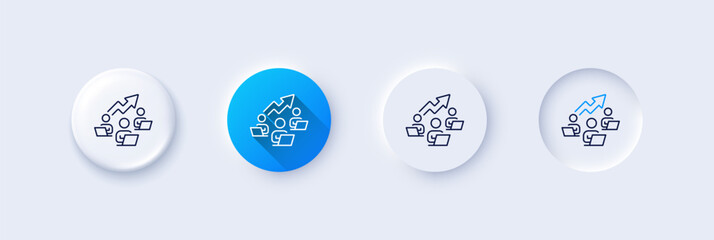 Teamwork chart line icon. Neumorphic, Blue gradient, 3d pin buttons. Remote office sign. Team employees symbol. Line icons. Neumorphic buttons with outline signs. Vector