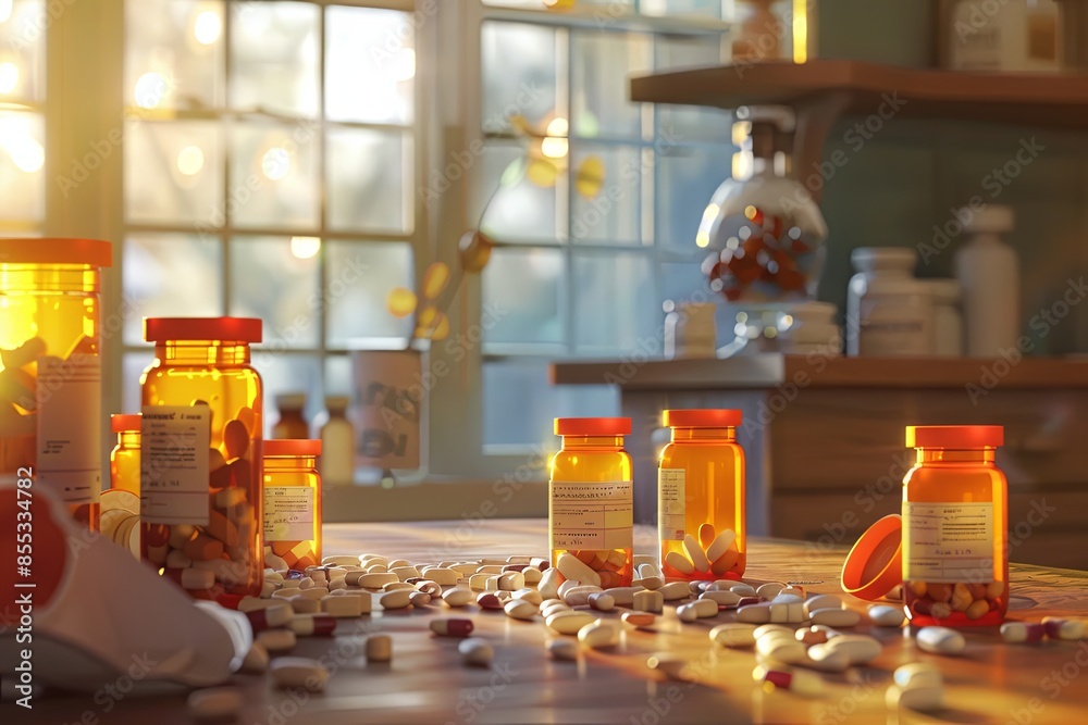 Fototapete a close-up image of several open prescription pill bottles with various pills scattered around on a 