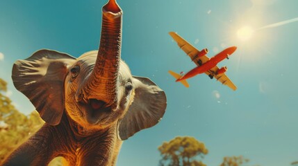 An elephant calf reaches for the sky as a plane flies overhead. The calf's playful curiosity is a reminder that even the largest creatures can be full of wonder.